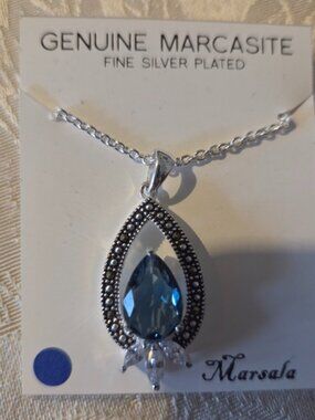Genuine Marcasite Fine Silver Plated Blue Pendant Necklace